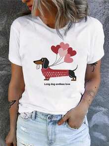1 Piece Women's Graphic T-Shirt With Dachshund And Heart Balloons Design - White T-Shirt With Red And Pink Hearts - Breathable Everyday T-Shirt For Pet Lovers - Casual, Work, Or Gift Wear For All Seasons - Sizes S-XXL, Dog T-Shirts, Work T-Shirt, Fun Design, Medium Stretch Fabric 180g 100% Cotton - 白色 - 查看 6