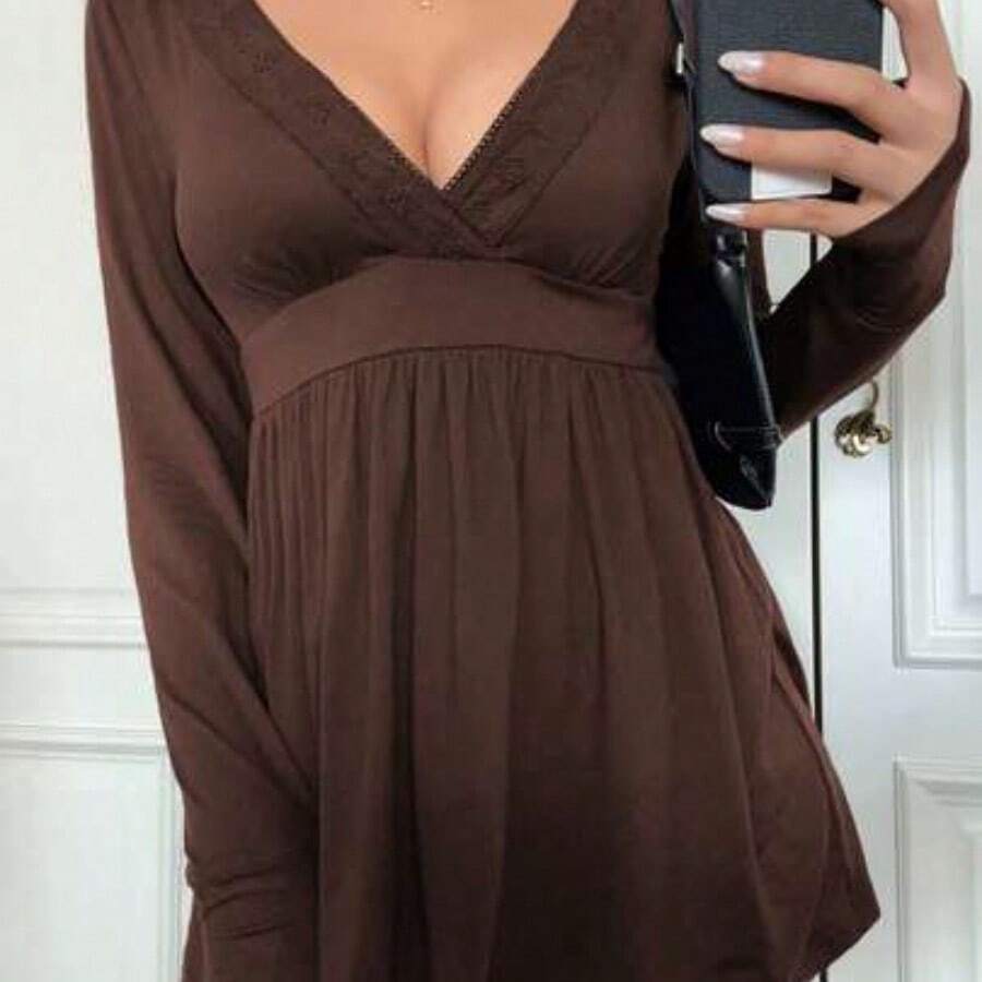 Sunshine Girl Sexy Fitted V-Neck Long Sleeve Knit Top, Casual Streetwear And Homewear For Summer Pink Spring - Marrón - Ver 1