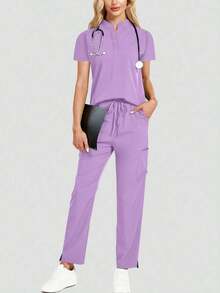 Conjunto de uniforme azul marino para mujer, hecho de tela de alta calidad y transpirable, adecuado para deportes, enfermería y trabajo, con bolsillos, perneras acampanadas, conjunto de uniforme de moda, adecuado para clínicas dentales, conjunto de unifor - Morado - Ver 3