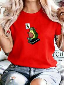 Women's T-Shirt With Tropical And Letter Print, Featuring Avocado, Treadmill And Cucumber Designs, Short Sleeve, Soft Round Neck, Loose Fit, Urban Style, Vintage Print Sportswear, Casual Wear For Everyday Use, Breathable, Washable, Comfortable, Soft And High Quality. - 紅色 - 查看 5