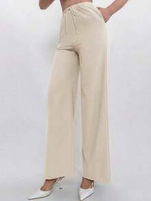 Conjunto de top halter y pantalones de color café claro, estilo sencillo para ir al trabajo - Beis - Ver 3