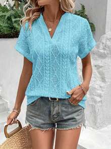 Camiseta suelta de mujer de manga de murciélago con escote en pico, de tela texturizada de unicolor, para verano y vacaciones - Azul - Ver 4
