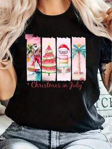 Christmas Series Pattern Round Neck Short Sleeves, Loose Casual Christmas T-Shirt - Featuring A Christmas Tree, Santa Claus Hat, And Other Fashionable Elements, This Round Neck Short Sleeve T-Shirt Is The Best Christmas Gift For Friends, Family, And Yourself. It Will Make You Shine In This Wonderful Christmas Winter Wear - Unisex Clothing For Women And Men - 黑色 - 查看 1