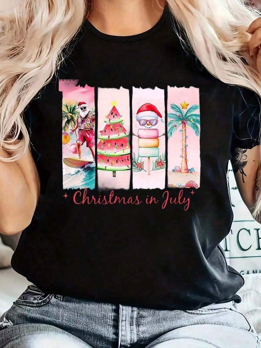 Christmas Series Pattern Round Neck Short Sleeves, Loose Casual Christmas T-Shirt - Featuring A Christmas Tree, Santa Claus Hat, And Other Fashionable Elements, This Round Neck Short Sleeve T-Shirt Is The Best Christmas Gift For Friends, Family, And Yourself. It Will Make You Shine In This Wonderful Christmas Winter Wear - Unisex Clothing For Women And Men - 黑色 - 查看 1