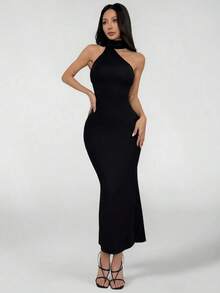 Vestido ajustado de cuello de halter y espalda descubierta - Negro - Ver 1