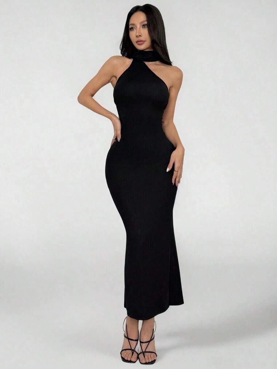 Vestido ajustado de cuello de halter y espalda descubierta - Negro - Ver 1