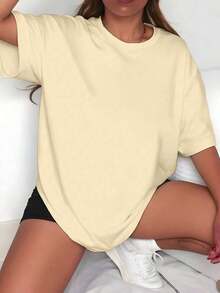 Plain Short-Sleeved T-Shirt, Perfect For Spring And Summer. Casual Women's Shirt, Top, Short-Sleeved T-Shirt. Ideal For Lounging At Home, Casual Wear, Shopping, Or Outdoor Sports. Suitable For Both Men And Women. - 杏 - 查看 3