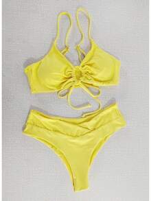 Traje de baño de dos piezas con lazo en el cuello y diseño de color sólido multicolor, bikini femenino. - Negro - Ver 10