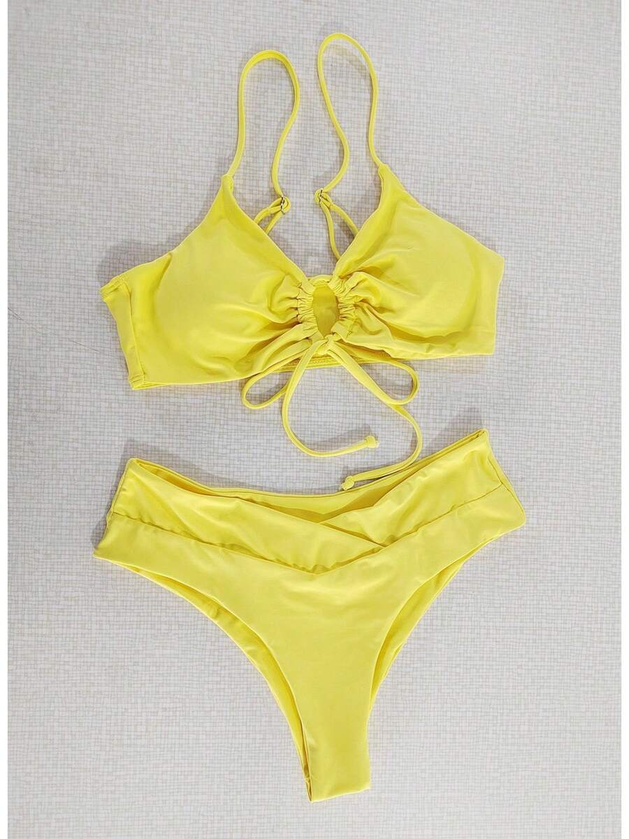 Traje de baño de dos piezas con lazo en el cuello y diseño de color sólido multicolor, bikini femenino. - Amarillo - Ver 1