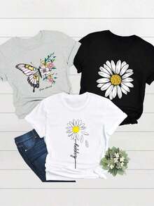 Traje de verano para mujer 2026, estampado floral, camiseta holgada de cuello redondo, no es un conjunto de 3 piezas. - Negro - Ver 1