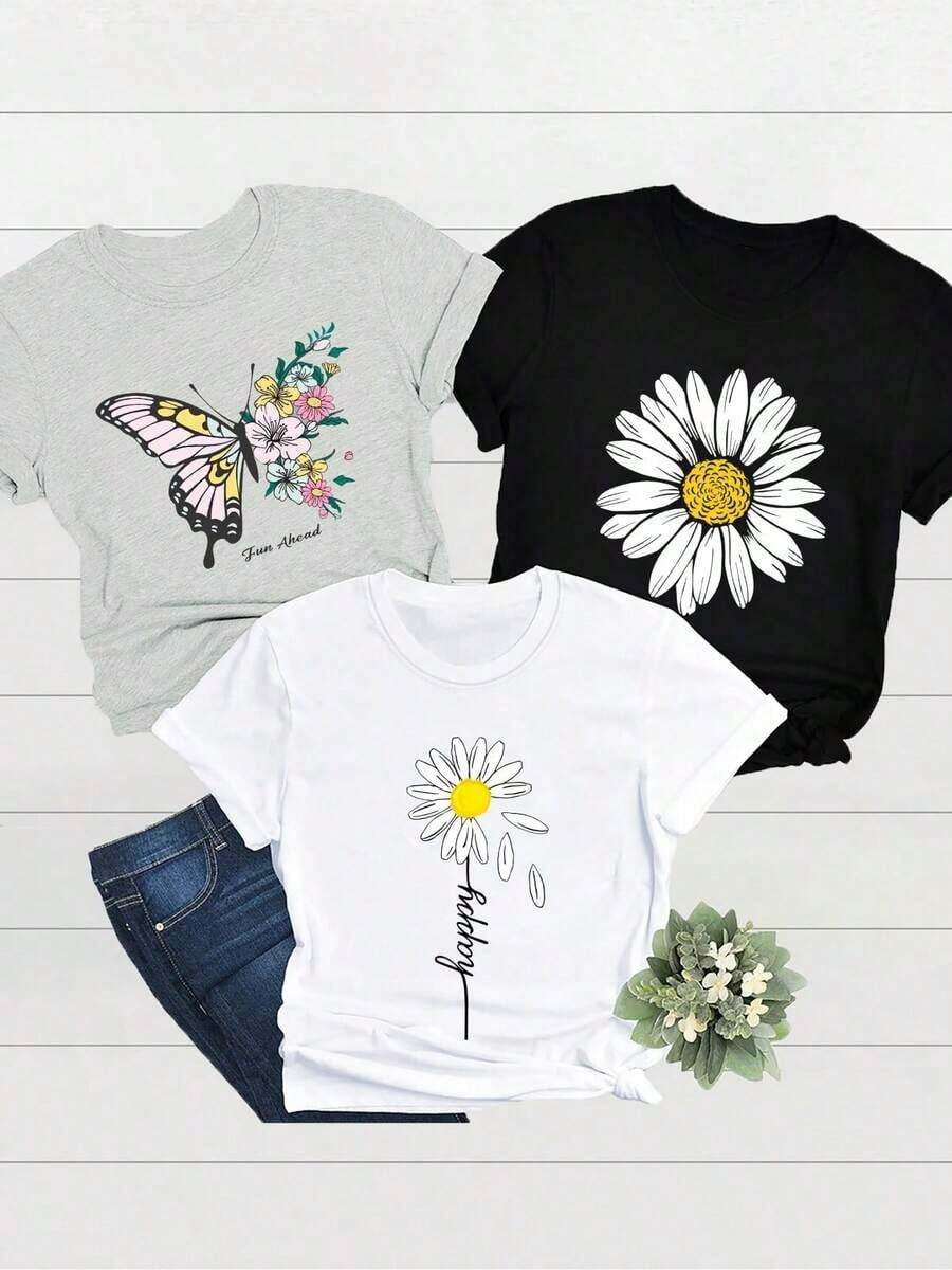 Traje de verano para mujer 2026, estampado floral, camiseta holgada de cuello redondo, no es un conjunto de 3 piezas. - Negro - Ver 1