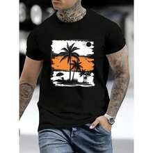 [100% Cotton] Palm Tree Print T-Shirt, Casual Short Sleeve - Comfortable Crew Neck, Soft And Stylish T-Shirt, Urban Clothing, 90s Tropical Style Short Sleeve Graphic T-Shirt, Casual Summer Crew Neck T-Shirt, Casual And Loungewear - 黑色 - 查看 5