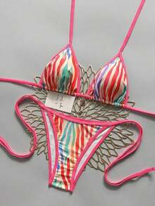 Conjunto de bikini sexy de cuello halter y lazo para mujer en bloque de color para vacaciones, playa de verano - Multicolor 8 - Ver 6