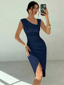 Vestidos midi para mujer, modestos, ropa de mujer para otoño, casual de negocios, estilo de mujer de dinero antiguo, atuendos de campo para mujer, blusas para salir para mujer, atuendo de viaje para el aeropuerto, de vuelta a la escuela, vestidos - Azul marino - Ver 5