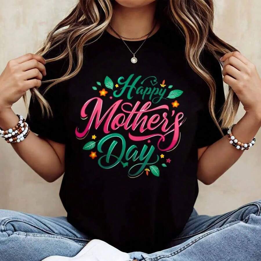 Camiseta Blanca con Estampado del Día de la Madre, Corte Holgado Casual para Uso Diario y Actividades de Ocio - Negro - Ver 1