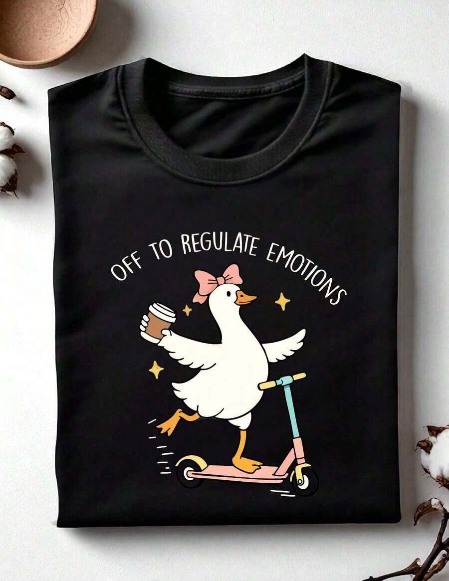 Emotional Regulation T-Shirt, Funny Goose T-Shirt, Mental Health Gift, Gift For Teachers And Therapists, Clothing For Consultants, Goose T-Shirt With Coffee Scooter. - 黑色 - 查看 1