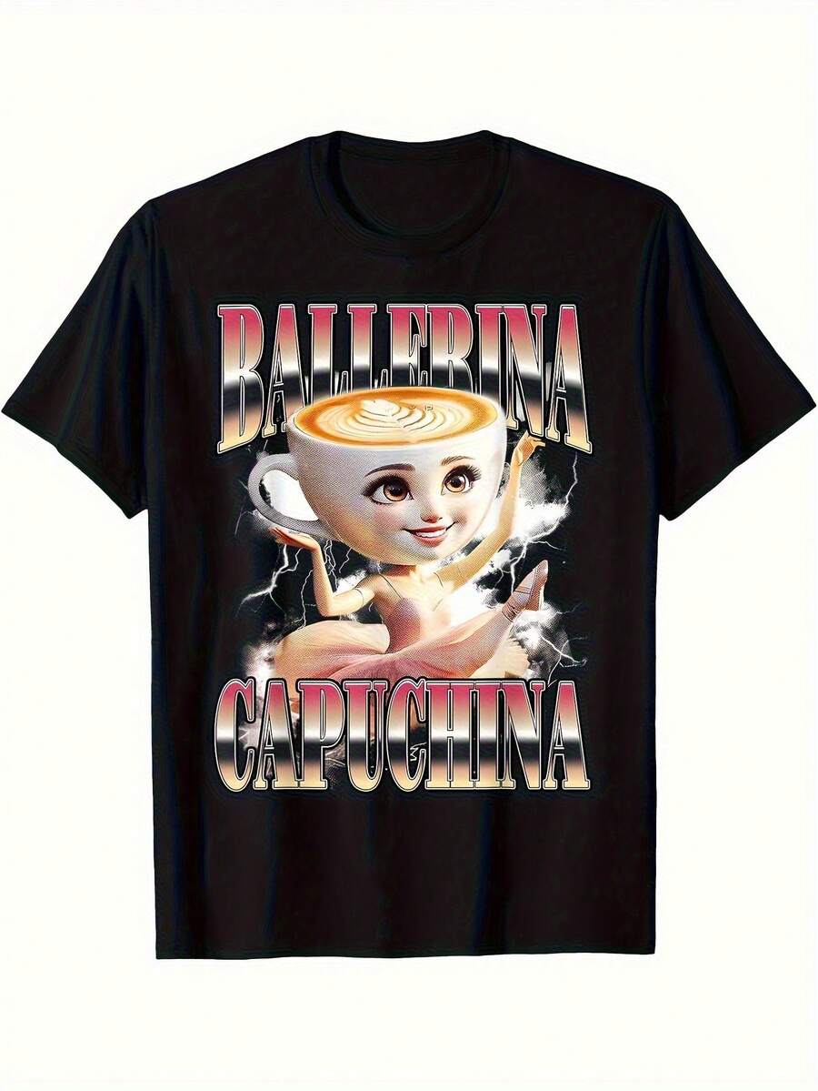 Funny Coffee Mug With Ballerina Design And Ballerina Graphic T-Shirt | Unisex 100% Soft And Breathable Loose Fit T-Shirt For Men And Women, Urban Retro Style, Casual Shirt For All Seasons, Round Neck, Slightly Stretchy Fabric, Durable Print Quality. - 黑色 - 查看 1