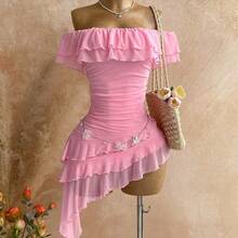 Spring & Summer Vacation Knit Mesh Strapless Fitted Tiered Ruffle Asymmetric Hem Dress, Suitable For Garden Party, Tea Party, Flower Arranging, Date, Bohemian, Boho, Vacation,Summer Dresses For Women - Celeste - Ver 4