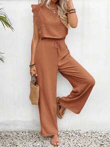 Conjunto de 2 piezas de blusa con ribete de encaje de unicolor y pantalones de pierna ancha para mujer, casual para vacaciones y viajes, primavera/verano - Naranja Coral - Ver 5