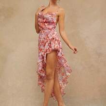 Women's Floral Print Ruffle Trim Asymmetric Hem Elegant Camisole Dress - Negro - Ver 4