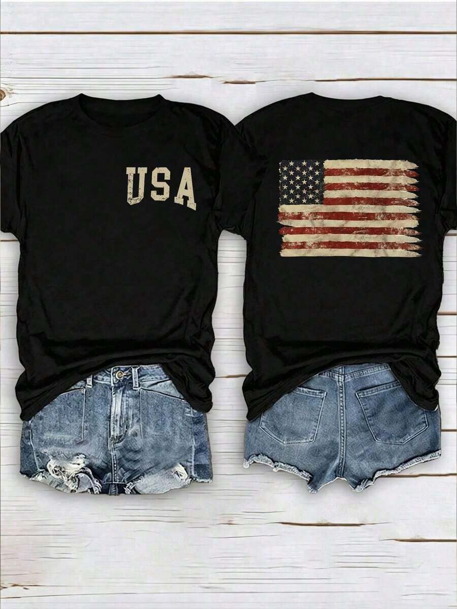3 Camisetas de Manga Corta para Mujer con Estampado de Bandera Americana y Lema, Camisetas Gráficas para Mujer|Moda Urbana Local de Primavera/Verano||Uso Casual Diario Primavera Verano Moderno Moldeador|Conjunto de verano para mujer, ropa de vacaciones|Blusas elegantes para mujer, ropa de primavera, blusas de verano. - Negro - Ver 1