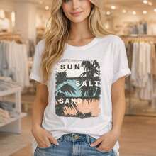 Women's Plus Size Graphic T-Shirt With Sun, Salt And Sand Print, Loose Fit Short Sleeve Cotton T-Shirt, Casual Summer Vacation Top, Vintage Palm Tree Print, Relaxed Crew Neck T-Shirt For Beach Outfits, Suitable For Spring, Summer And Autumn - 白色 - 查看 7