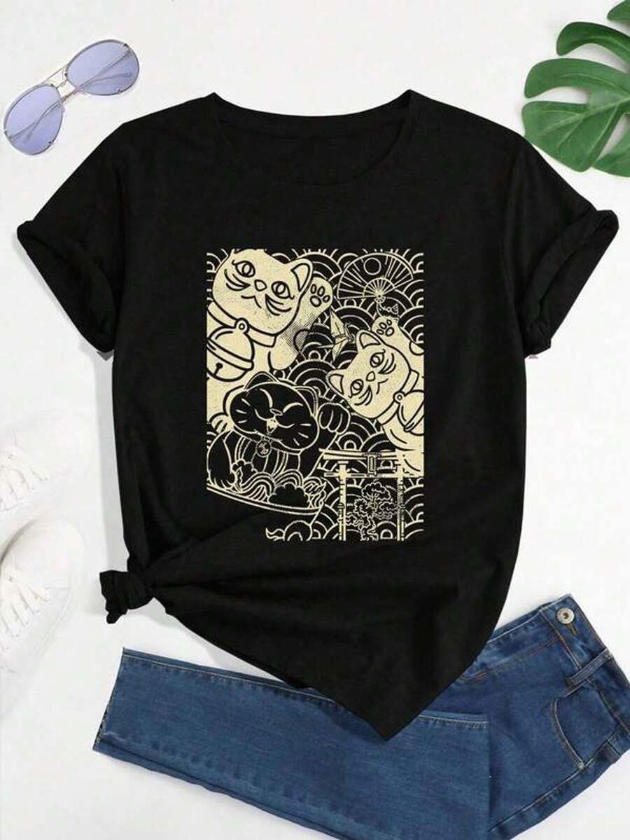 Camiseta de manga corta con estampado Lucky Cat Maneki-Neko, estilo japonés para buena suerte, cuello redondo casual para verano y primavera, ropa de mujer