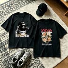 2-Piece Couple Matching Pattern T-Shirt, 100% Cotton, Loose Fit, Soft And Breathable, Casual Round Neck Short Sleeved Top Wolf With Design And Text Pug In Basket With Text Versatile Patterns No Picky Combinations Coordinated Dating Casual Travel Simple And Cartoonish Printing Styles High - 黑色 - 查看 1
