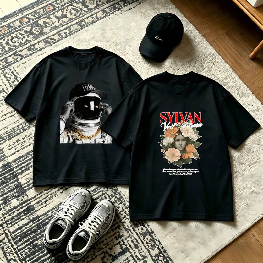 2-Piece Couple Matching Pattern T-Shirt, 100% Cotton, Loose Fit, Soft And Breathable, Casual Round Neck Short Sleeved Top Wolf With Design And Text Pug In Basket With Text Versatile Patterns No Picky Combinations Coordinated Dating Casual Travel Simple And Cartoonish Printing Styles High - 黑色 - 查看 1