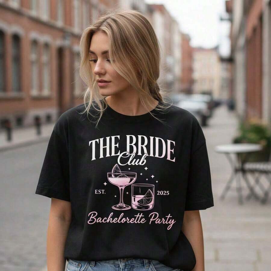 Camiseta de algodón con estampado de fiesta de despedida de soltera para mujer, manga corta, cuello redondo, estilo casual, para fiesta de despedida de soltera, tallas S-5XL. Adecuada para primavera, verano y otoño. - Negro - Ver 1
