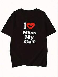 Camiseta de algodón puro nueva de verano 2026, 1 pieza, camiseta de manga corta estampada de moda de verano para mujer, top versátil de cuello redondo holgado con diseño de corazón, top estampado casual y versátil, adecuado para primavera, verano y otoño. - Negro - Ver 2