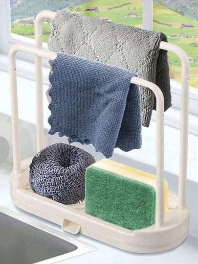 1 khay đựng đồ dùng nhà bếp màu xám, giá để đồ chống gỉ cho bồn rửa nhà bếp, dùng để đựng miếng bọt biển, khăn lau bát đĩa, giẻ lau, bàn chải, dụng cụ cọ rửa.