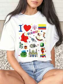 1 Piece Women's T-Shirt I Colombia With Traditional Symbols And Flag Print, For Daily Use In Carnival, Round Neck, Short Sleeve, Soft And Comfortable, 220Gsm180g 100% Cotton - 白色 - 查看 6