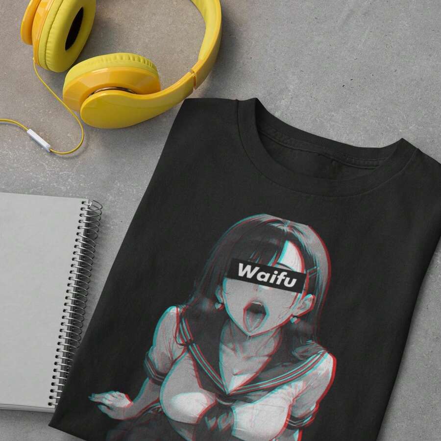 Camiseta con diseño de waifu, manga y anime, unisex, de algodón - Negro - Ver 1