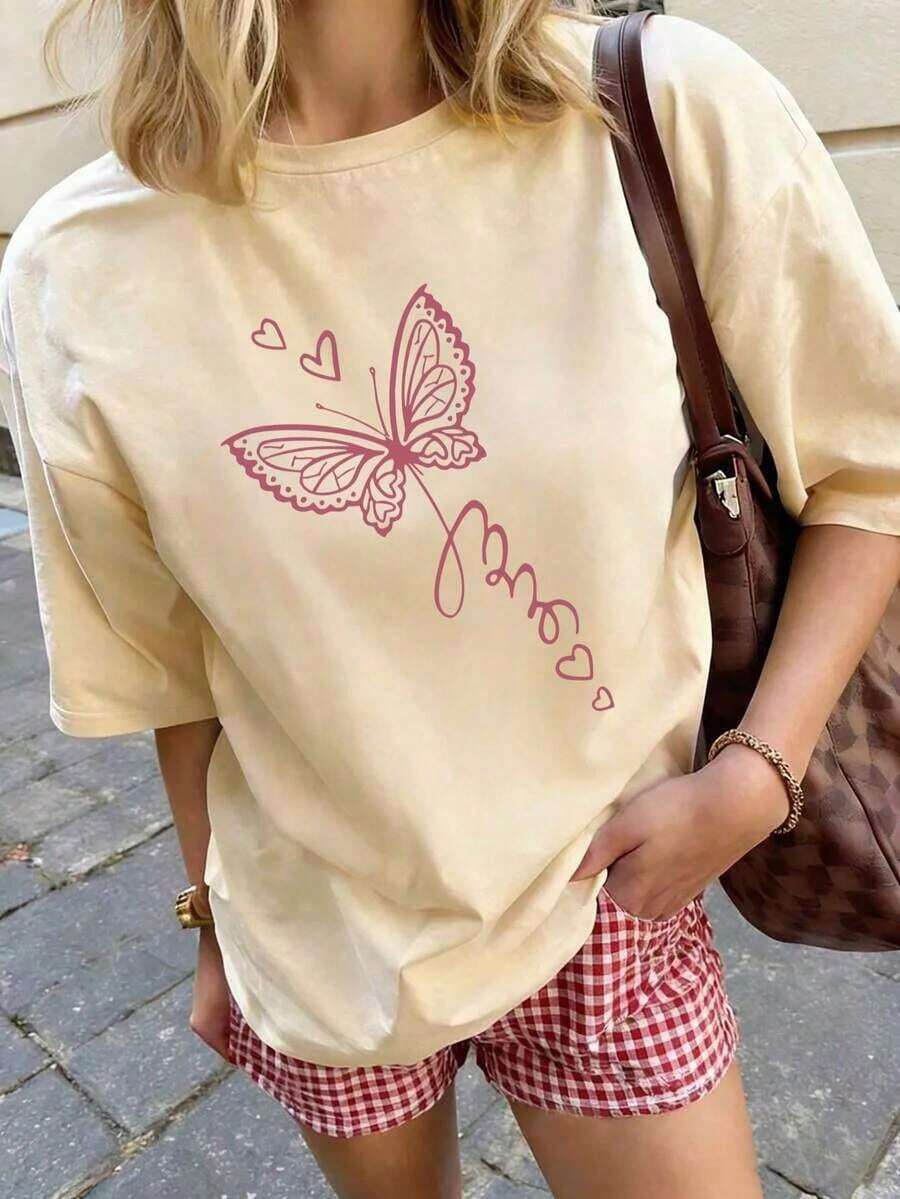 Camiseta de manga corta estampada para mujer, para verano, de tela de algodón, estilo multifuncional, corte regular, peso 180 gramos, 1 unidad. - Albaricoque - Ver 1
