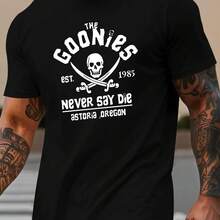 Men's Short-Sleeved T-Shirt, 100% Pure Cotton, Fashionable, Casual, Loose Fit, With Goonies Graphic Print And Round Neck. - 黑色 - 查看 12
