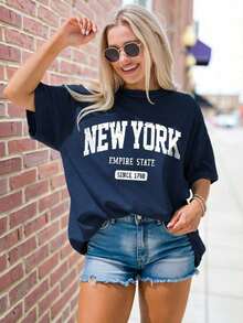 Plus Size Women's Mid-Length Short-Sleeve T-Shirt, Casual And Loose Style, With "New York" Letter Print On The Round Neck - Navy Blue - View 1
