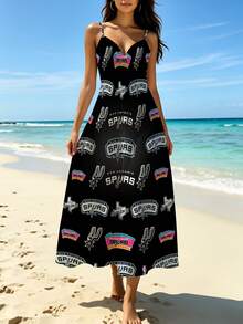 New N-BA Team Theme Women's Vacation Casual V-Neck Long Dress, 3D Print Backless Dress San Antonio Spurs Logo Pattern Print Spring/Summer Vacation Out - Style - View 1