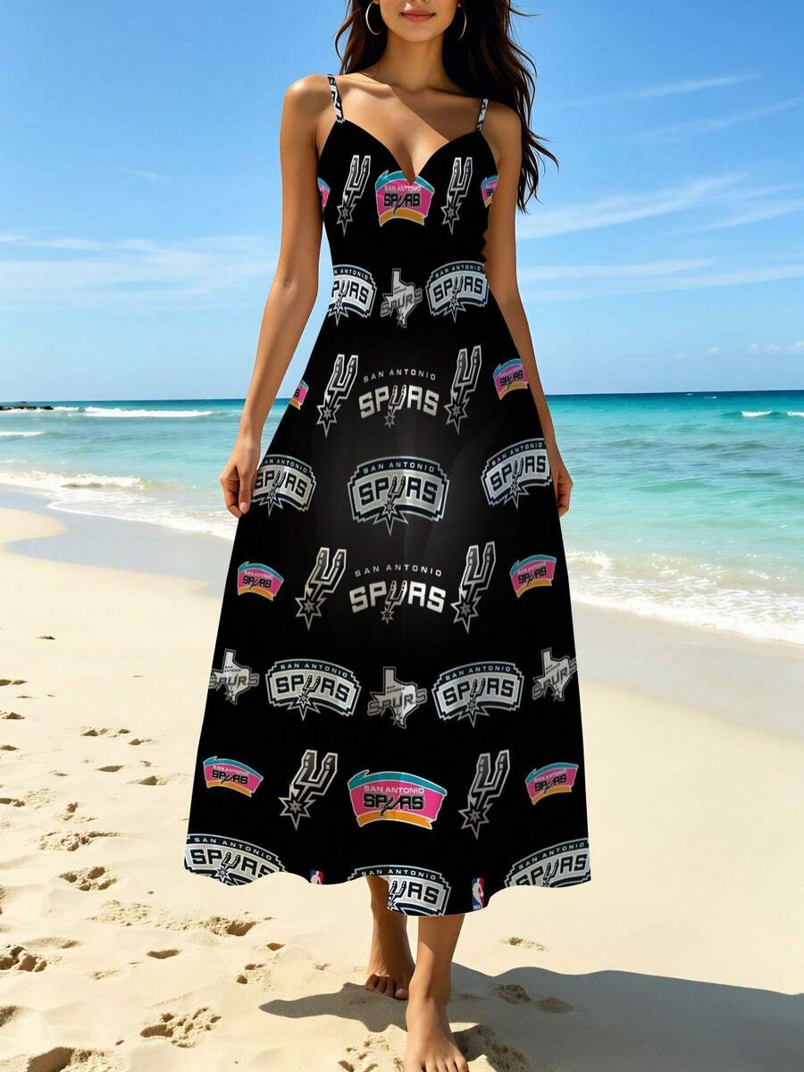New N-BA Team Theme Women's Vacation Casual V-Neck Long Dress, 3D Print Backless Dress San Antonio Spurs Logo Pattern Print Spring/Summer Vacation Out - Style - View 1
