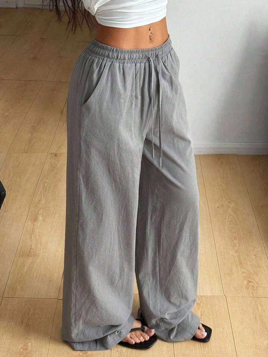 Women's 100% Cotton Washed White Trousers With A Curved Hem, Minimalist Basic Style, Perfect For Summer Country Concerts, Going Out, The Beach, And Bohemian Vacations. Women's Clothing For Autumn. - 灰色的 - 查看 1