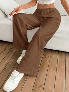 Women's Loose-Fitting, Low-Waisted Linen Trousers In A Bohemian And Casual Style, Wide-Leg And Relaxed Drawstring Pants, Soft And Comfortable, Suitable For Everyday Casual Wear And Holidays, All Year Round, Spring - 全穀類咖啡 - 查看 9