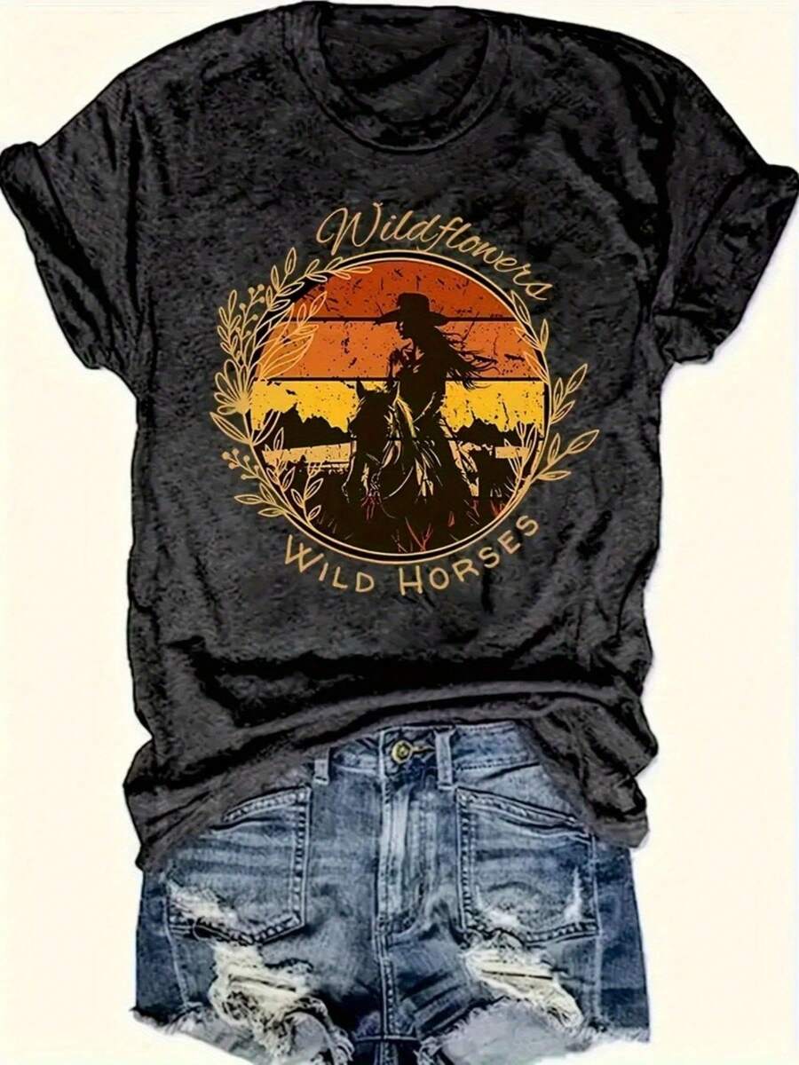 Retro Western Graphic T-Shirt - Cowboy Riding Desert Sunset Print With "Wild & Reckless" & "Wild Horses" Lettering, Black Short Sleeve Regular Fit Casual Tee For Men & Women, Machine Washable, Cowboy Additions, Summer Fashion, Vintage Aesthetic - 黑色 - 查看 1