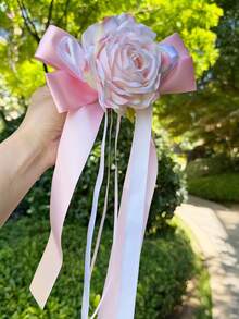 1PC Elegant Rose Satin Bow Wedding Car Decoration, Trailing Ribbon Flower Ornament For Car Mirror/Door Handle, Romantic Bridal Wedding Party Decor - Multicolor - View 6