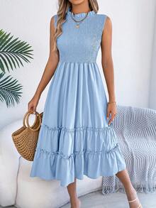 Summer Sleeveless Smocked Dress Women's Crewneck Ruffle Trim Flounce Hem Solid Color Casual Beach Vacation Midi Dress - 淺藍色 - 查看 7