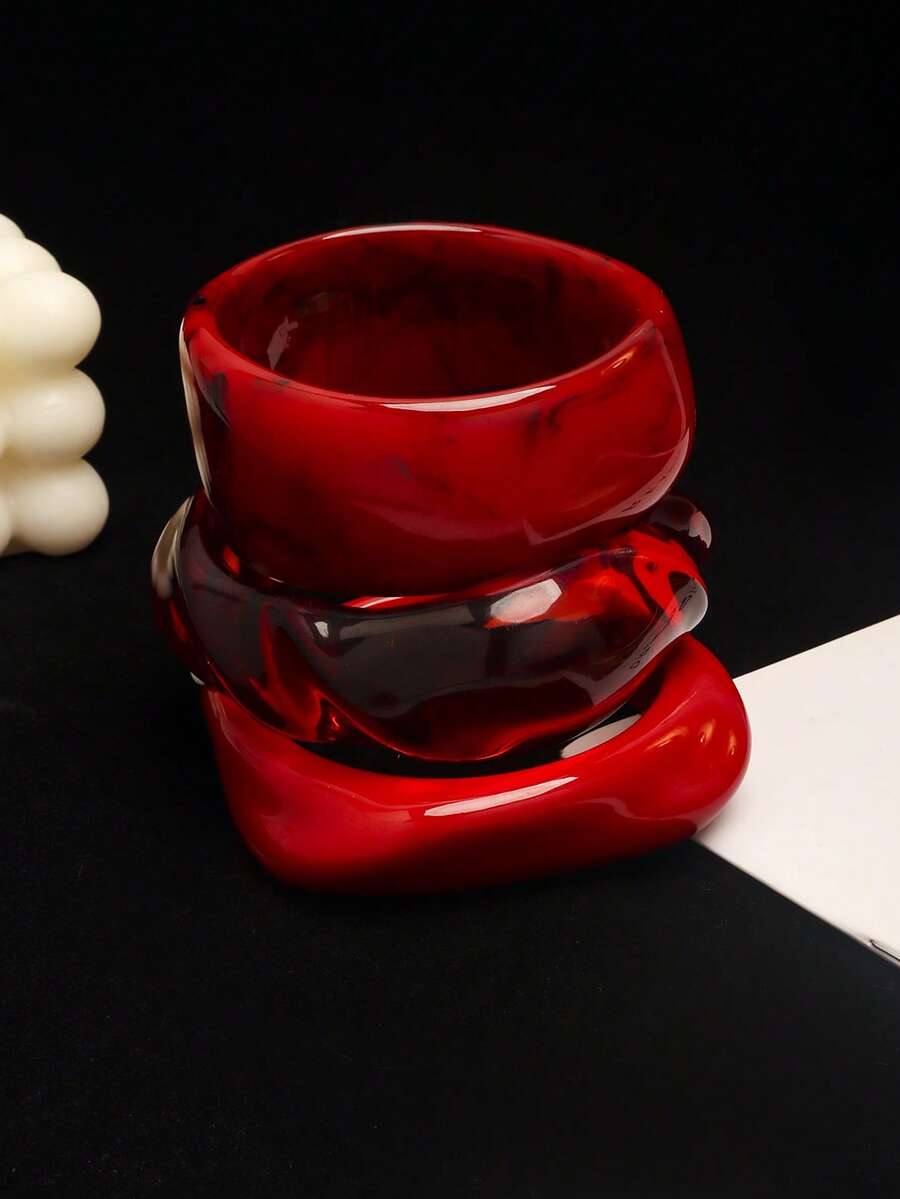 3pcs Red Acrylic Bracelet Set, Fashionable And Unique Suitable For Daily Wear And Vacation - Red a - View 1