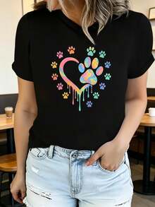 Soft Summer T-Shirt For Women With Cat And Dog Paw Prints And Heart Designs, Fashionable And Casual, Machine Washable, Comfortable Fit, 2D Flat Print, Elegant Blouses For Women. - 黑色5 - 查看 7