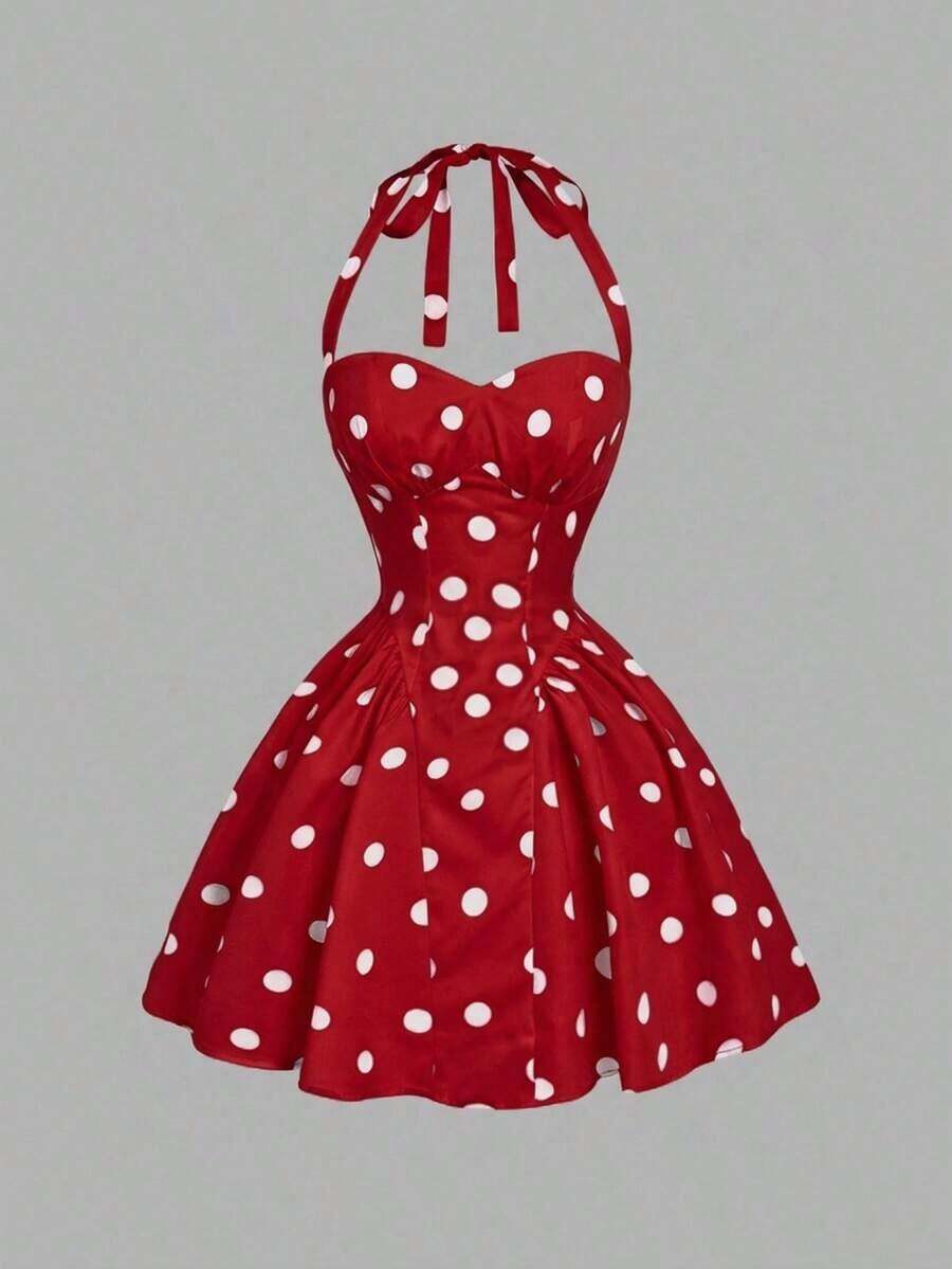Vestido largo bandeau de lunares para mujer, minimalista y de moda, adecuado para el verano, vestido de lunares - Rojo - Ver 1