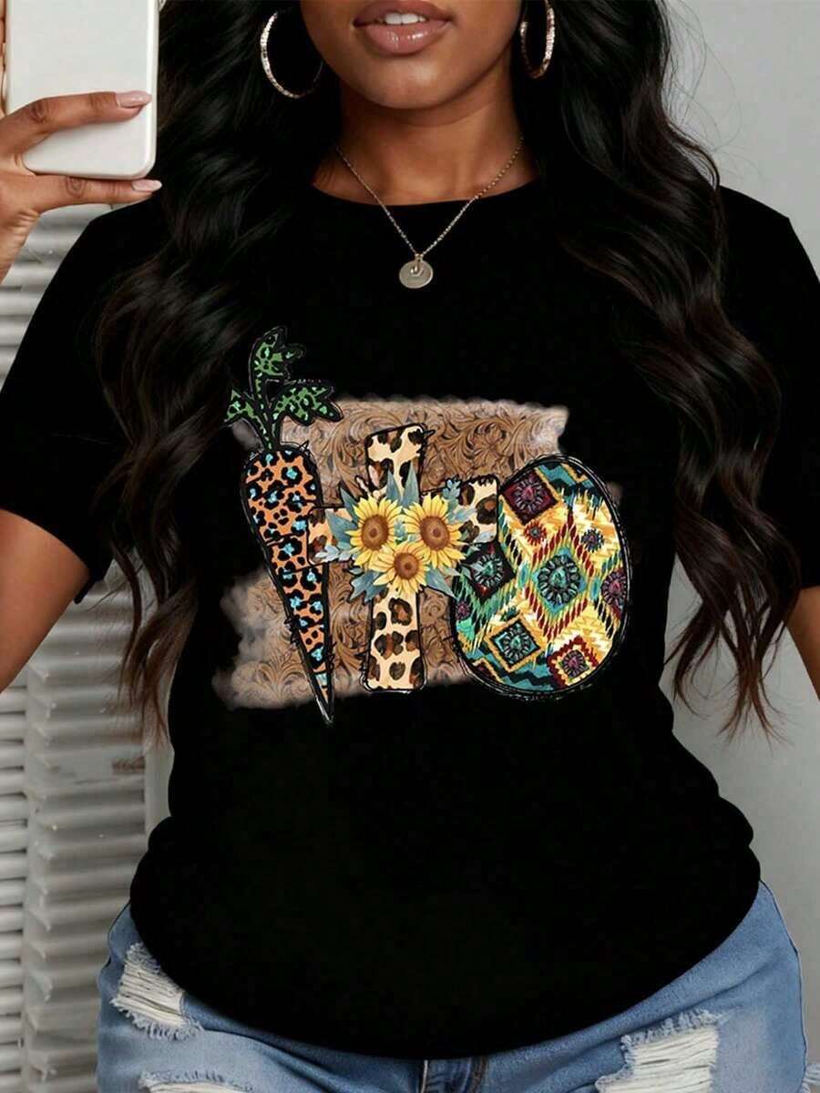 Women's Casual Short Sleeve Crew Neck T-Shirt With Fun Print, Carrot, Sunflower, Leopard And Patchwork Patterns, 100% Cotton, Ideal For Daily Wear, Parties, Holidays, Gift, Summer T-Shirt - 黑色 - 查看 1