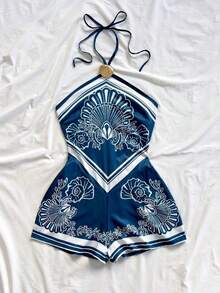 Nuevo mono floral de halter para vacaciones, adecuado para fiesta, cita, San Valentín, Pascua, carnaval, té de la tarde, playa, crucero, calle de la ciudad, estilo bohemio, romántico floral - Rosa - Ver 3