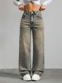 Jeans de mezclilla de pierna ancha recta de diseño simple con cintura alta para mujeres a la moda - Lavado ligero 2 - Ver 7
